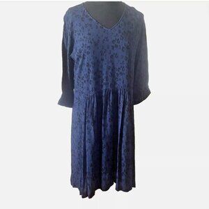 Garnet Hill Drop Waist Dress 14 Blue Printed Bohemian Pocket Lined V Neck